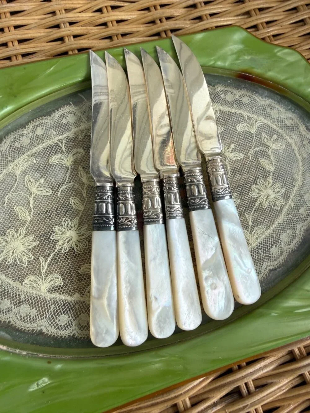 Antique 1910s Mother Of Pearl Fruit Knives Sterling Bands Boxed Set of 6